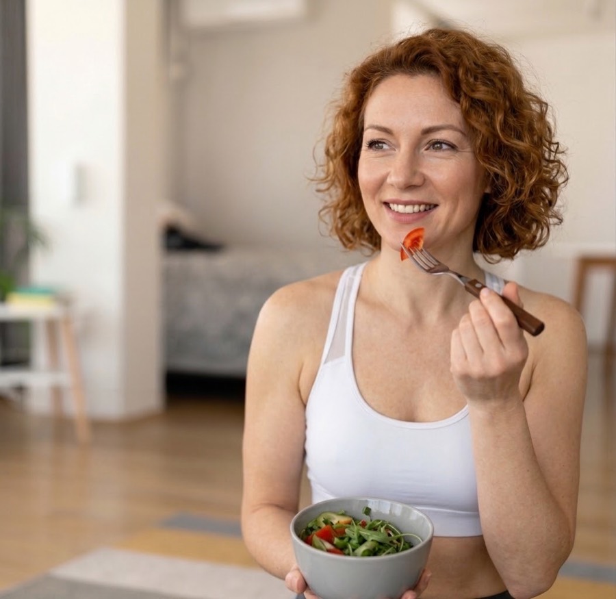 Une femme sourit en mangeant une salade de tomates et de roquette, chez elle