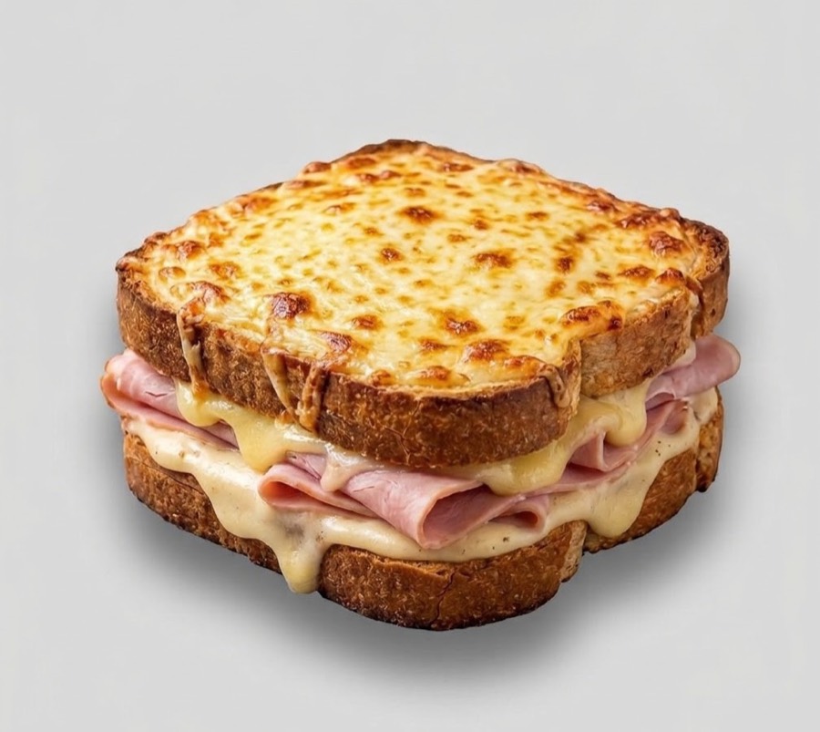 Un croque-monsieur gratiné : pain de mie doré, jambon et fromage fondu