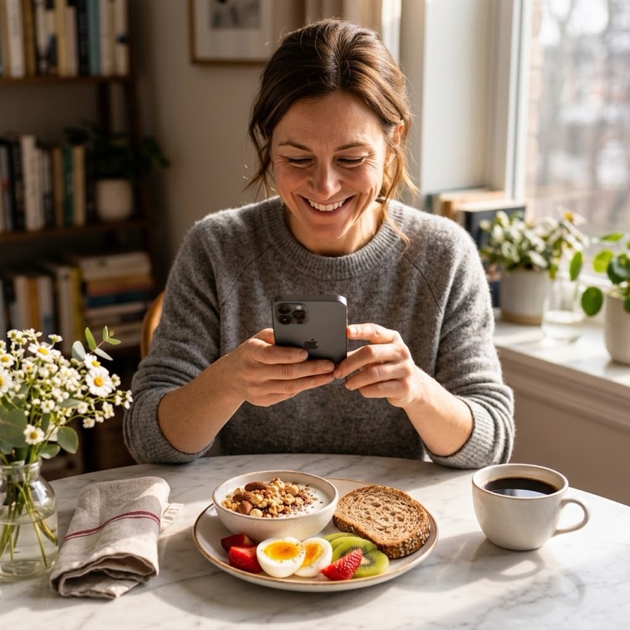 Une femme sourit en regardant son téléphone, à table devant son petit déjeuner