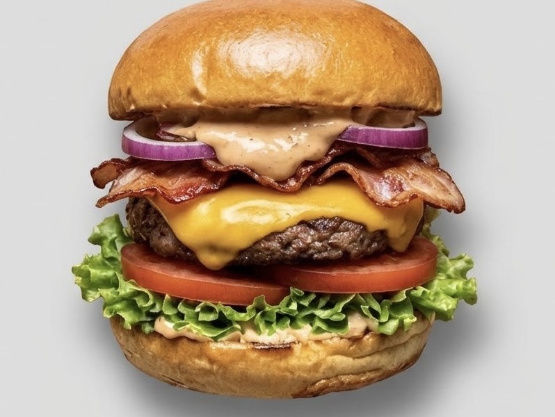 Un burger maison : steak haché, cheddar fondu, bacon, oignon rouge, tomate et salade dans un pain brioché