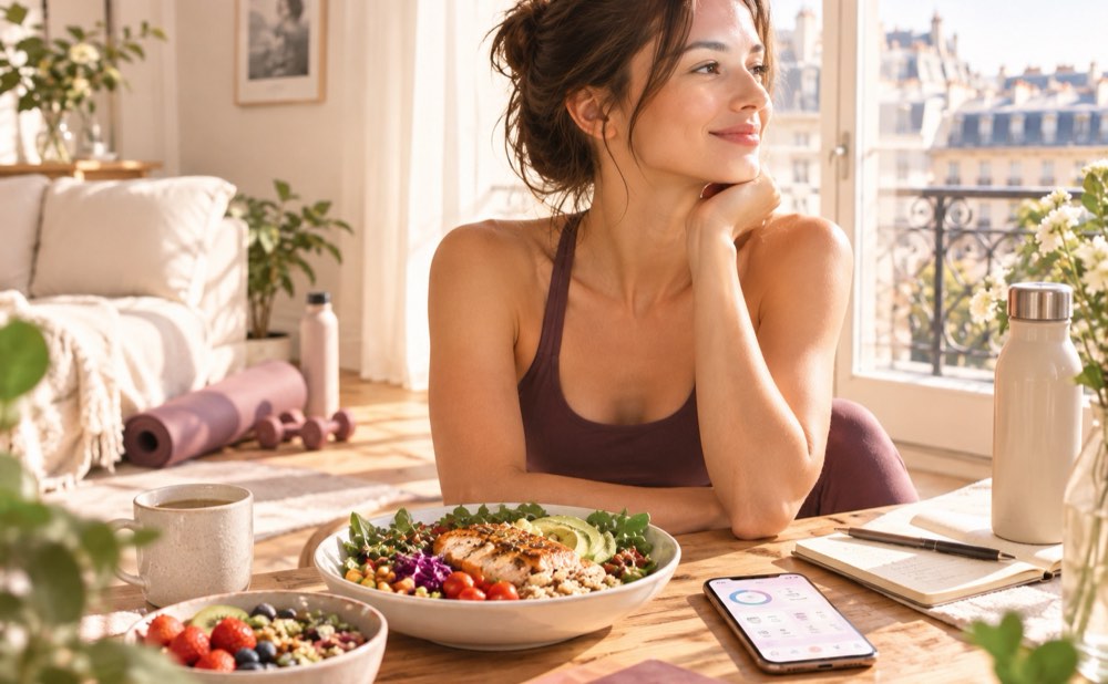 Une femme sourit à sa table, devant un bol de saumon et de légumes, un carnet et son téléphone