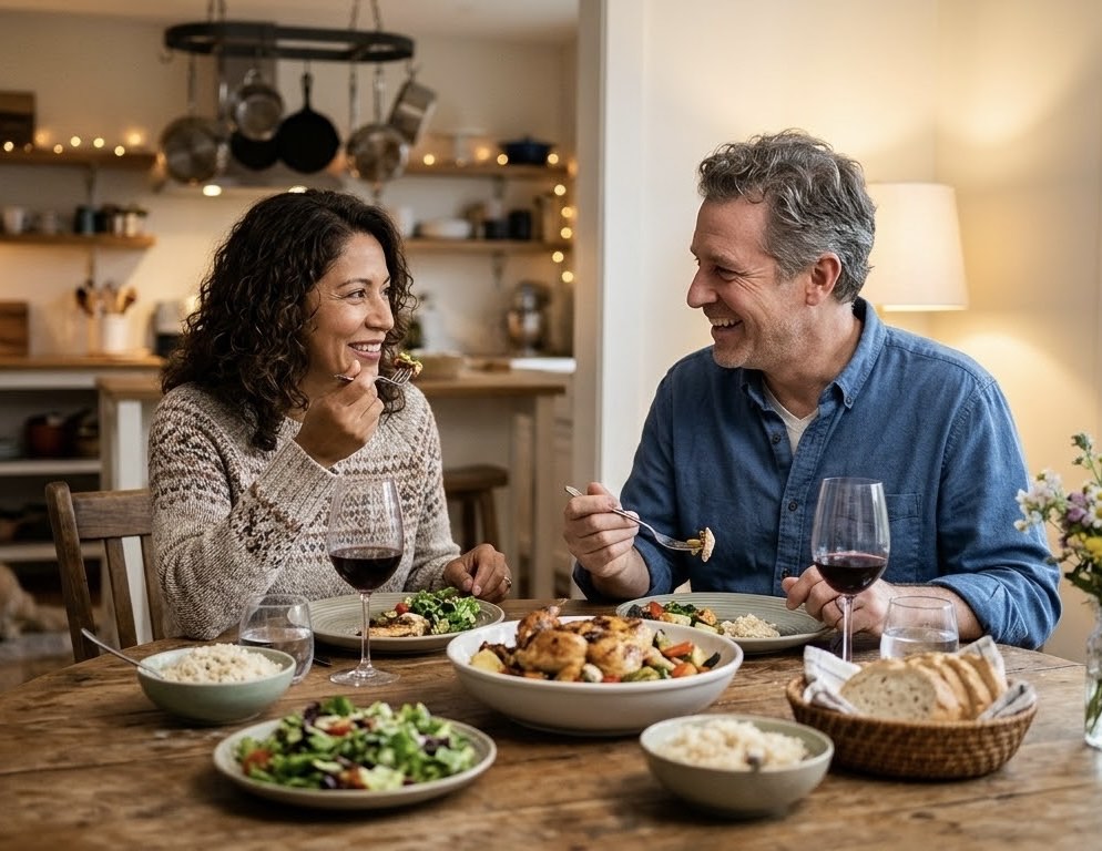 Un couple dîne en riant : poulet rôti aux légumes, salade, riz et pain