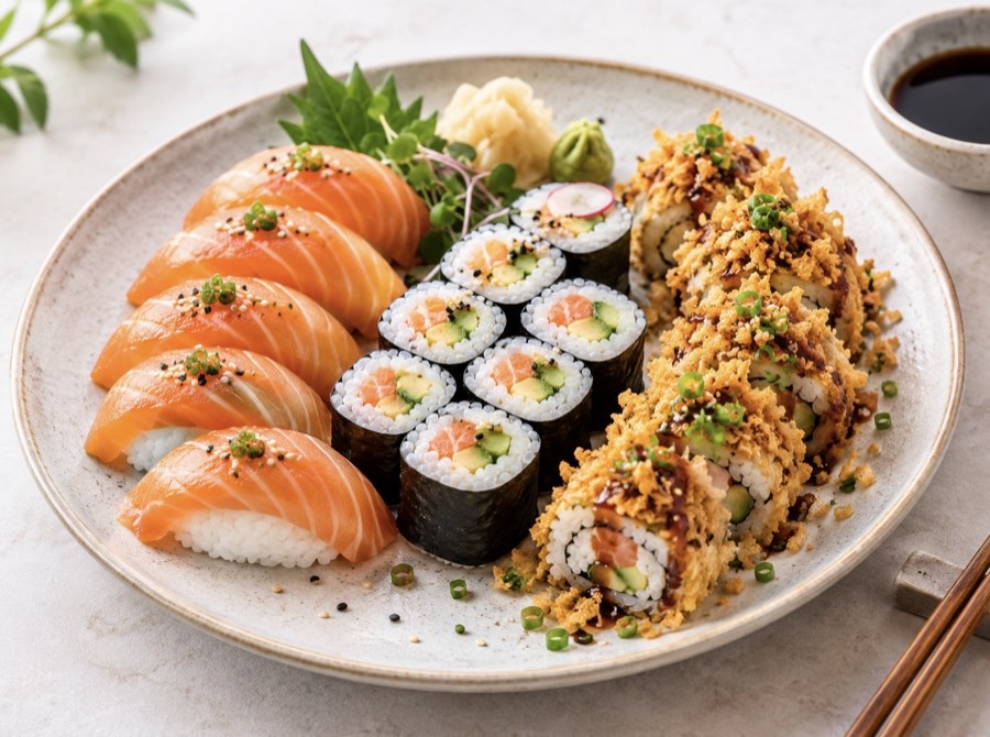 Une assiette de sushis : sushis au saumon, makis saumon-avocat et makis croustillants aux oignons frits, gingembre et sauce soja